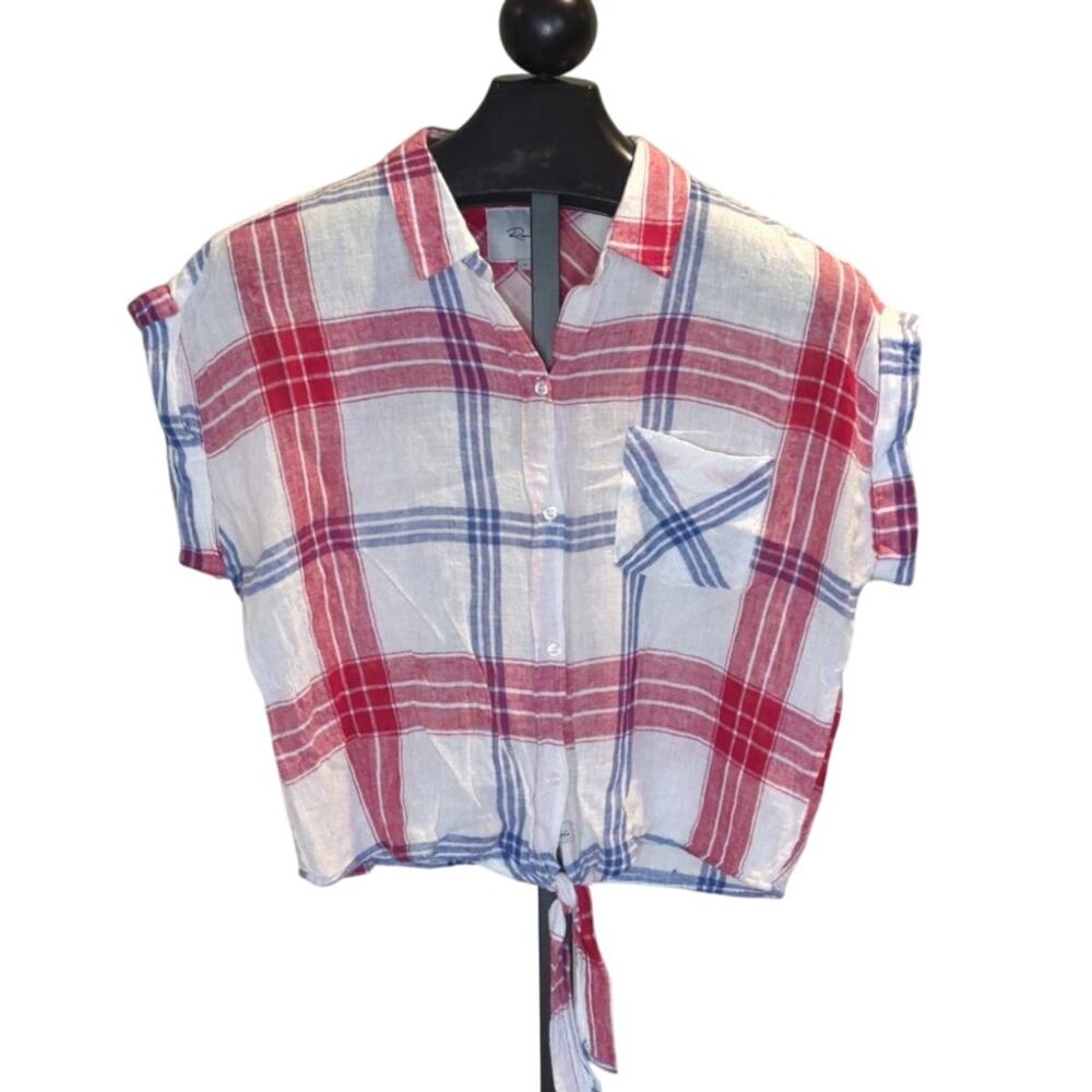 Rails Womens Linen Blend Top Size Large Red Blue Plaid Front Tie Button Front - Picture 3 of 8